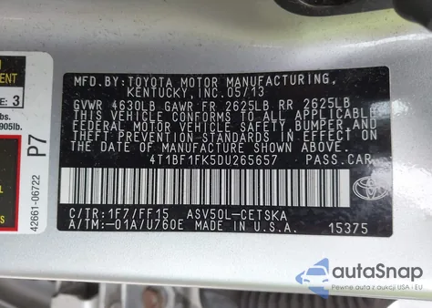 2013 Toyota Camry Se из США, поврежденный, VIN 4T1BF1FK5DU265657